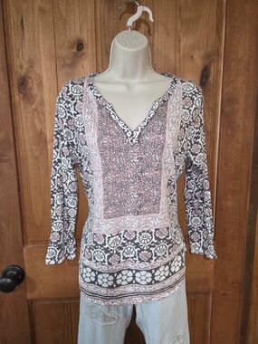 Lucky Brand Pink and Gray Printed V-Neck Tunic